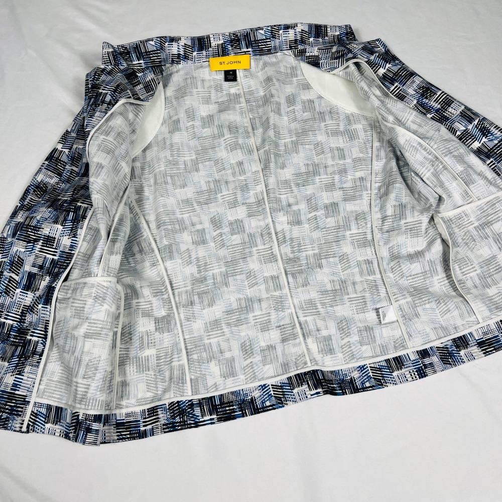 St John Women Blue Black White Geometric Print Open Front Jacket Size 10 Casual - Picture 5 of 8